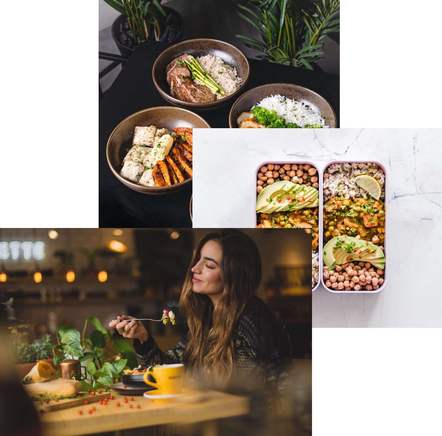 Women enjoting food, meals in storage container, fodd bowls on a table